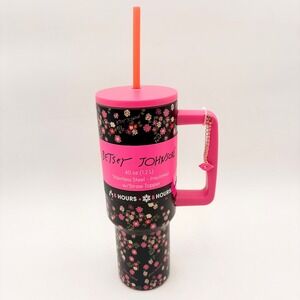 Betsey Johnson 40oz Stainless Steel Insulated Tumbler Pink Floral Lip Charm NEW
